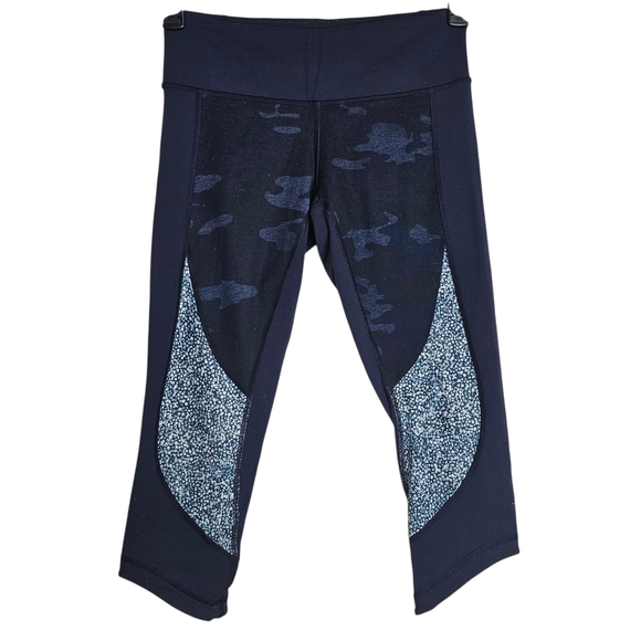 lululemon athletica Pants - Lululemon Wunder Under Crop Leggings Lotus Blue Camo & Mesh Panels Size 6